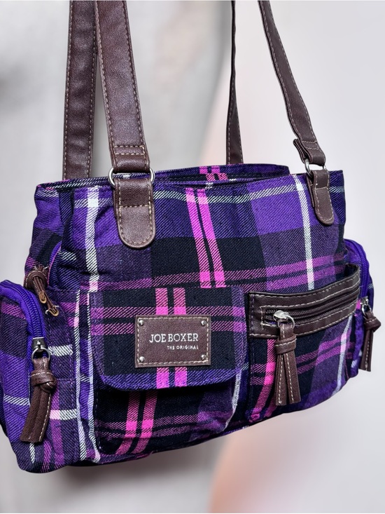 Joe Boxer Handbags - Joe Boxer Purple Plaid Bowler Bag with Brown Trim